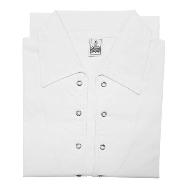 A White Poly/Micro Jacobite Kilt Shirt with buttons on it.
