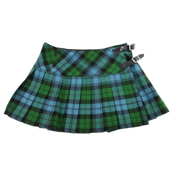 A green and blue plaid Campbell Ancient Homespun Kilted Mini Skirt 28W 15L with buckles.