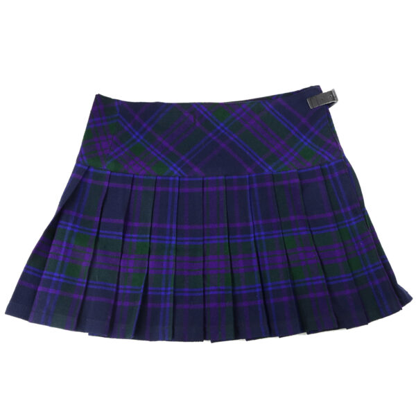 The Spirit of Scotland Tartan Homespun Kilted Mini Skirt 28W 14L features a delightful purple and green plaid pattern, along with charming pleats.