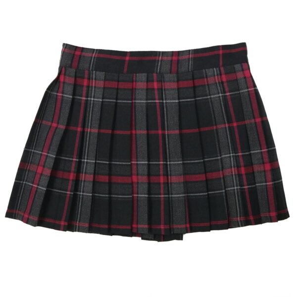 The Spirit of Bruce Tartan Poly/Viscose Kilted Mini Skirt features a classic black and red plaid pattern set against a clean white background.