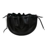 A black Horseshoe Leather Pouch with a leather strap, perfect for holding a horseshoe.