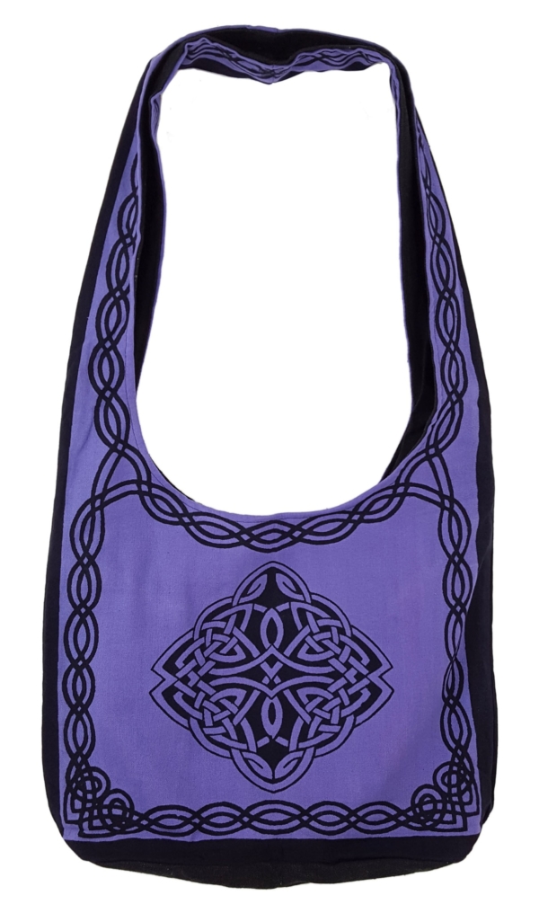 A purple bag with a Celtic Knot design on it.