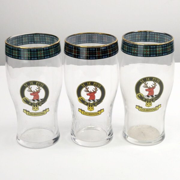 Three Colquhoun Clan Crest Tartan pub glasses - Set of 3.