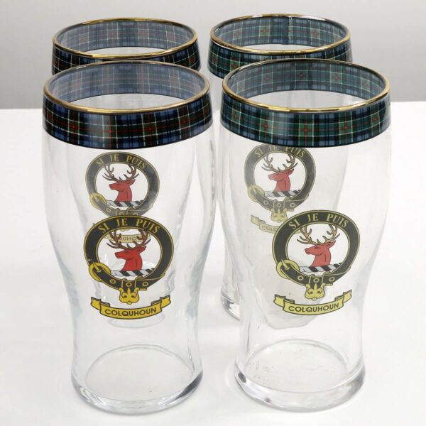 A set of four Colquhoun Clan Crest Tartan Pub Glasses - Set of 4.
