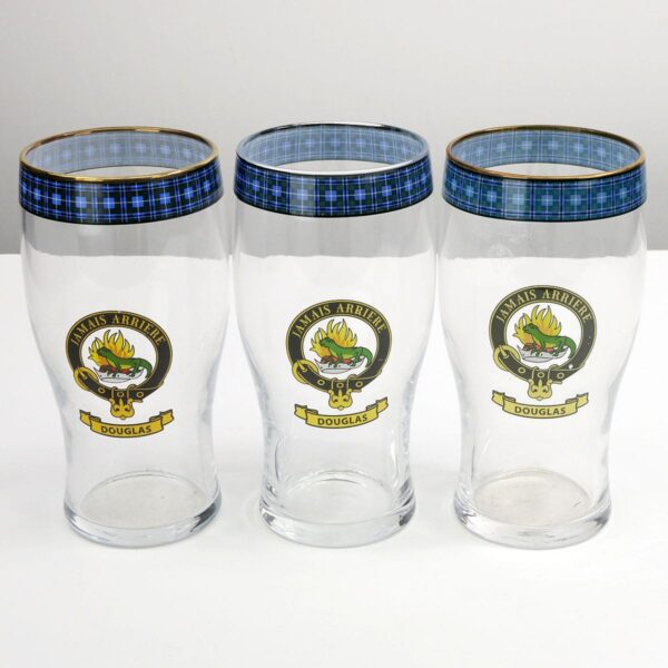 Three Douglas Clan Crest Tartan Pub Glasses.