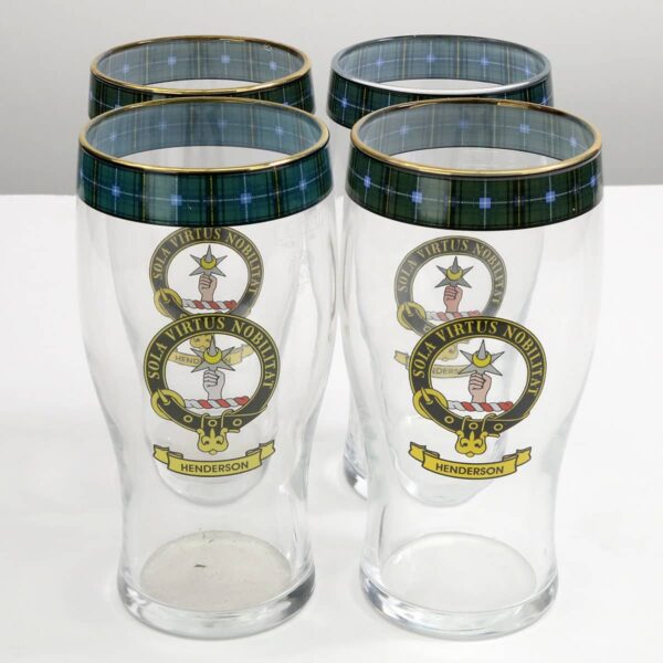 A set of four Henderson Clan Crest Tartan Pub Glasses