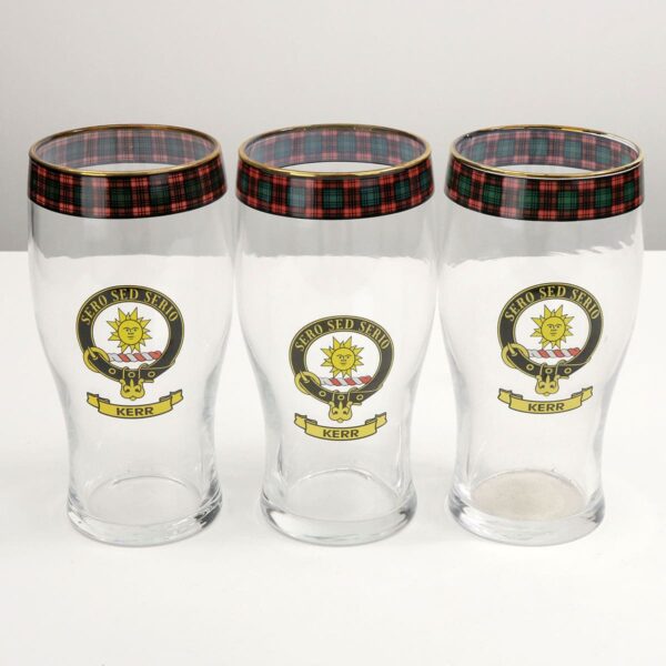 Kerr Clan Crest Tartan Pub Glass - Set of 3 for Scottish pub.