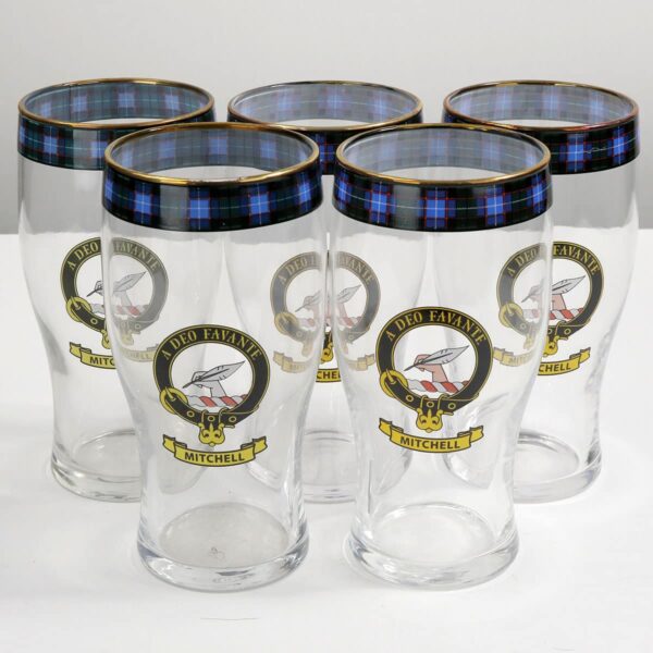 A set of six Mitchell Clan Crest Tartan pub glasses.