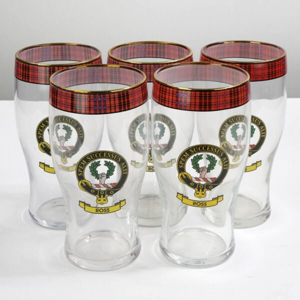 Set of 5 Ross Clan Crest Tartan Pub Glasses, perfect for any pub or bar.