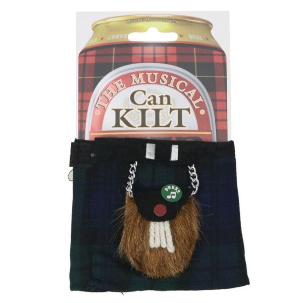 A Scottish kilt with a Musical Can Kilt Koozie in it.