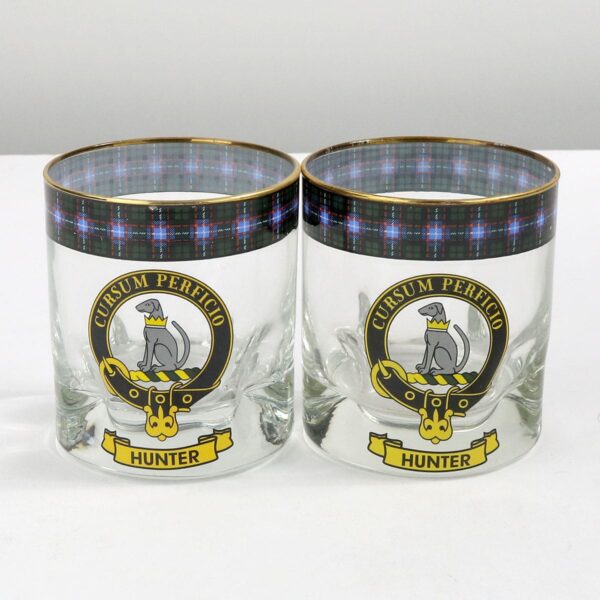 A set of Hunter Clan Crest Tartan Whisky Glasses - Set of 2.