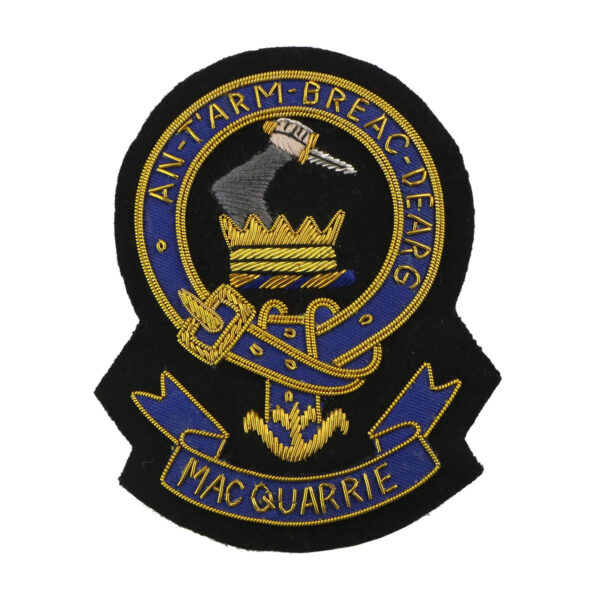 An embroidered Clan Crest badge featuring the words "mac quay".