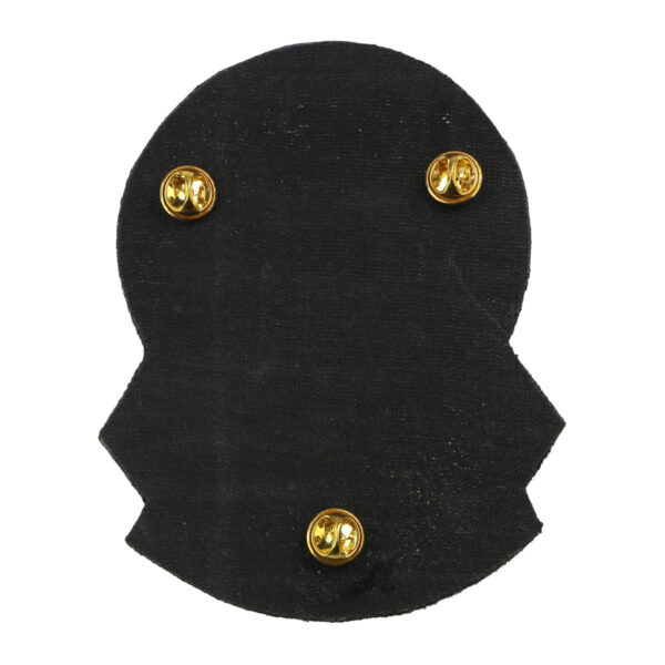 A black piece of leather with gold studs, adorned with an Embroidered Clan Crest Badge.