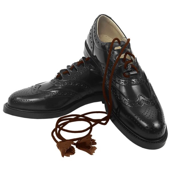 A pair of black shoes with Brown Ghillie Brogue Laces and Tassels.