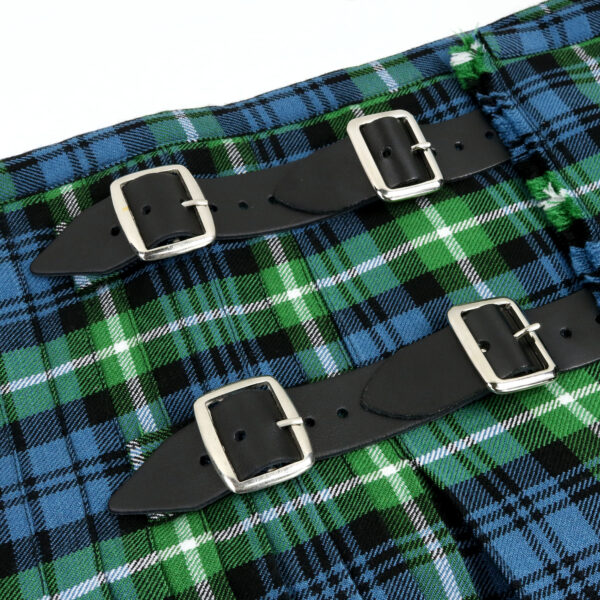A blue and green plaid kilt with buckles, featuring Kilt Strap Extenders - Buckle Style (Set of 3).