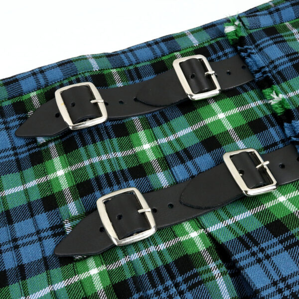 A blue and green plaid kilt with Kilt Strap Extenders - Buckle Style (Set of 3).