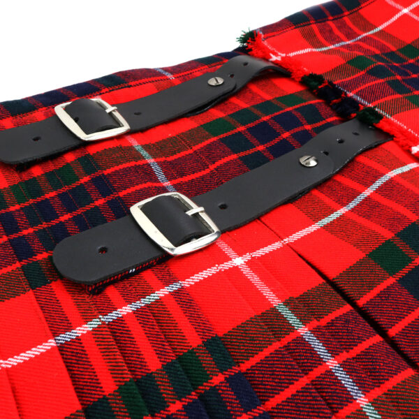A red and black tartan kilt with NEW! Ez-Fit™ 1 1/4" Kilt Strap Extenders (Set of 3).
