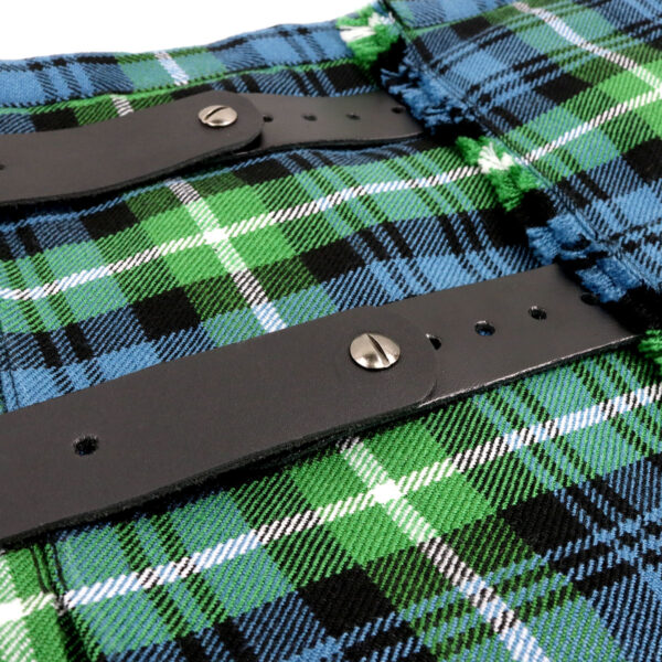 A blue and green tartan kilt with black buckles and the NEW! Ez-Fit™ 1 1/4" Kilt Strap Extenders (Set of 3).
