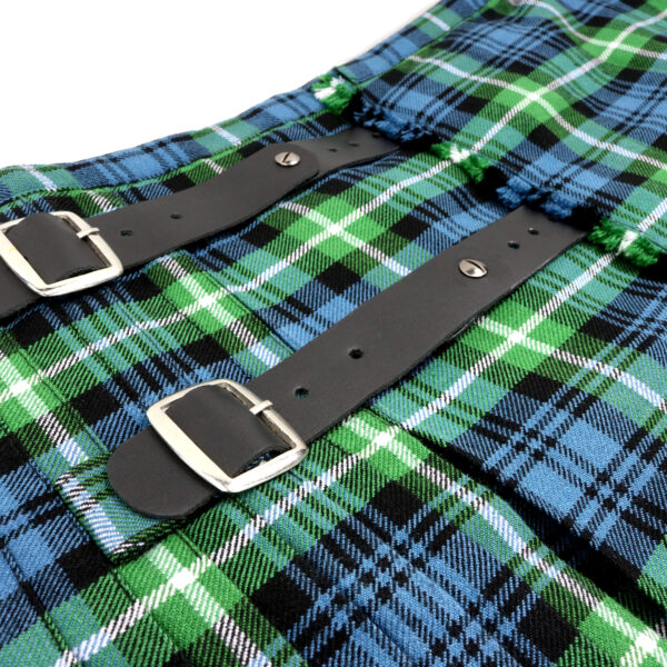A blue and green tartan kilt with black buckles that can be worn comfortably using NEW! Ez-Fit™ 1 1/4" Kilt Strap Extenders (Set of 3).