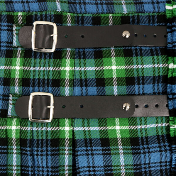 A plaid kilt with blue and green patterns, featuring black buckles and NEW! Ez-Fit™ 1 1/4" Kilt Strap Extenders (Set of 3) for added adjustability.