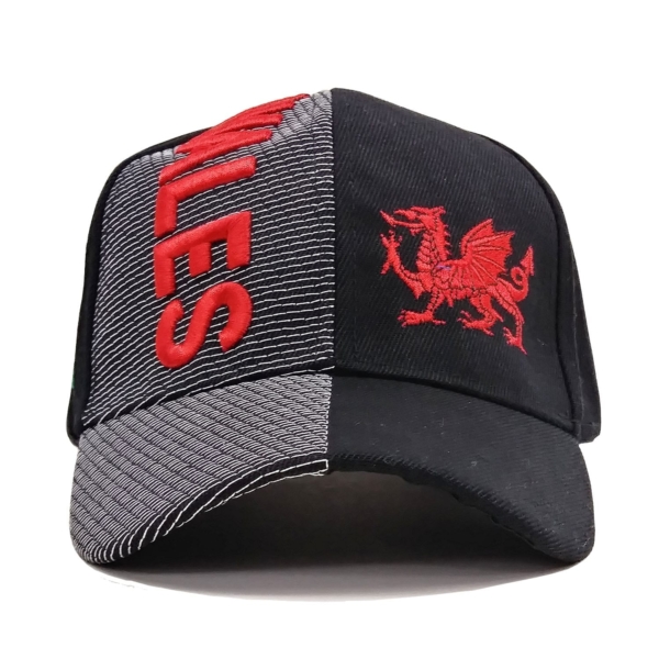 A black and red Wales ball cap with the dragon emblem on it.