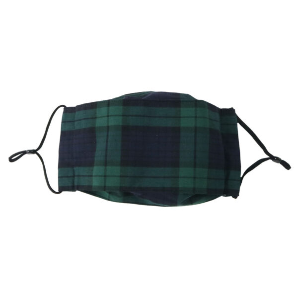 A green and black plaid Origami Outlander Tartan Mask - Wool Free on a white background.