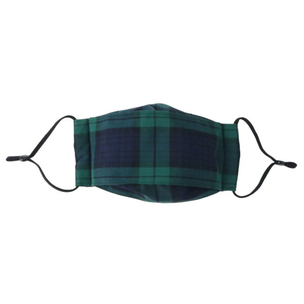 An Origami Outlander Tartan face mask with a green and black plaid design on a white background.
