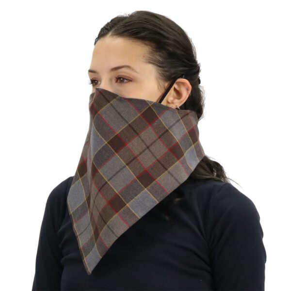 An Outlander Tartan Bandana Masks - Wool Free woman wearing a plaid bandana mask.