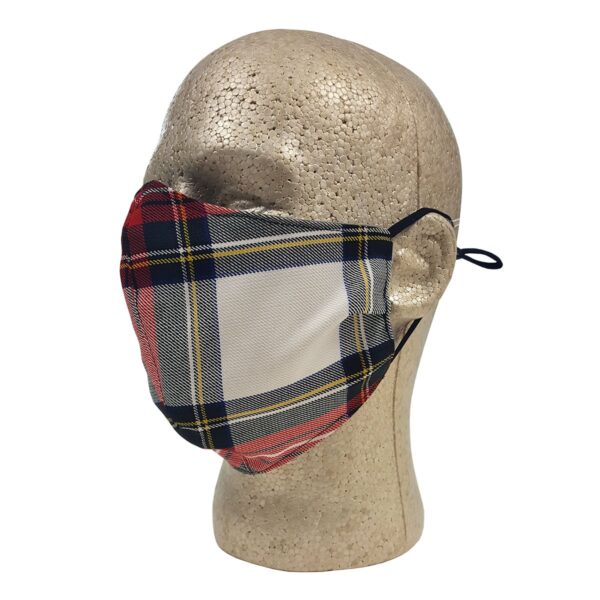 A mannequin wearing a plaid face mask made of Poly/Viscose Tartan, called the Tartan Masks - Wool Free.