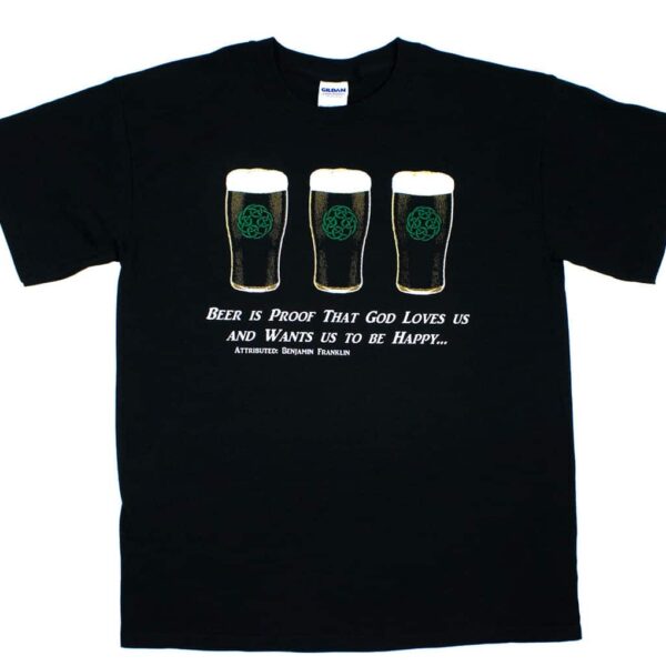 The Beer is Proof T-Shirt features a black t-shirt adorned with three pint glasses.