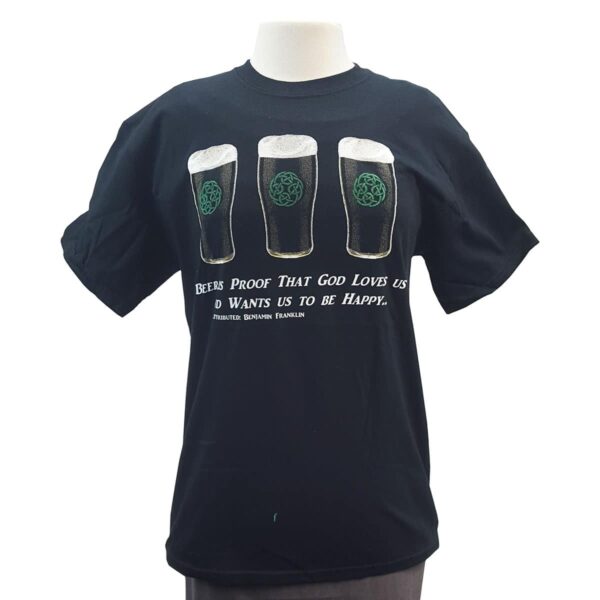 The Beer is Proof T-Shirt features a classic black design adorned with three pint glasses.