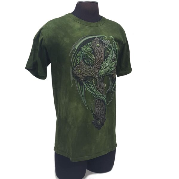 A green Celtic Cross Dragon T-shirt.