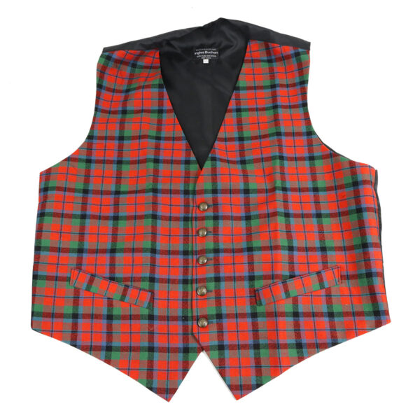 A stylish men's MacNaughton Ancient Tartan Vest - Spring Weight 8 oz. Wool - Size 46 featuring a vibrant red, black, and green plaid pattern.