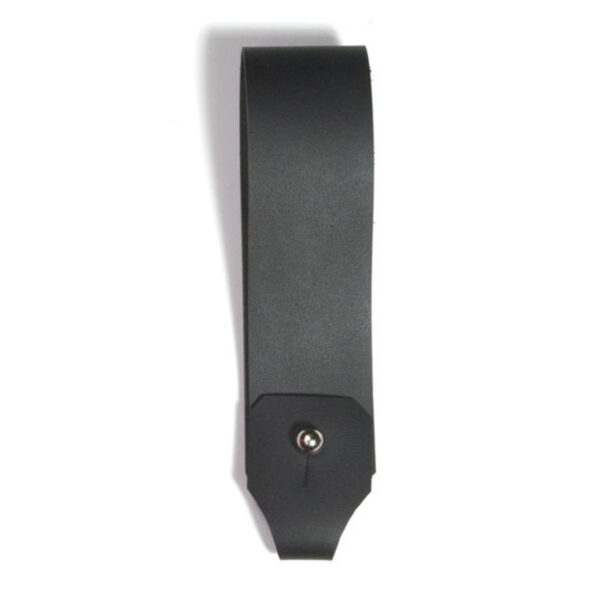 A black leather strap on a white background featuring the Standard Dirk Frog.