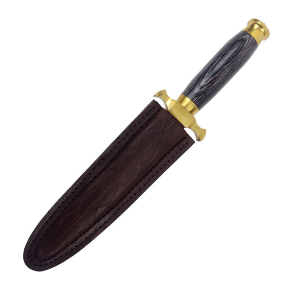 A black and gold 12 inch Renaissance Dagger with a leather handle.