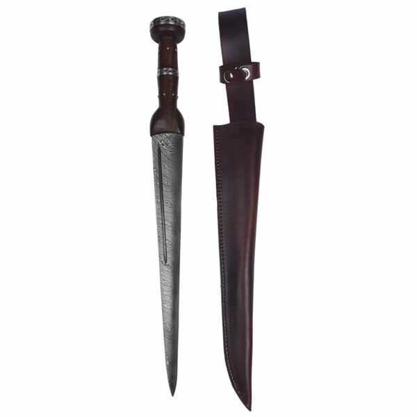 A Damascus Ebony Dirk with a leather handle and a wooden hilt.