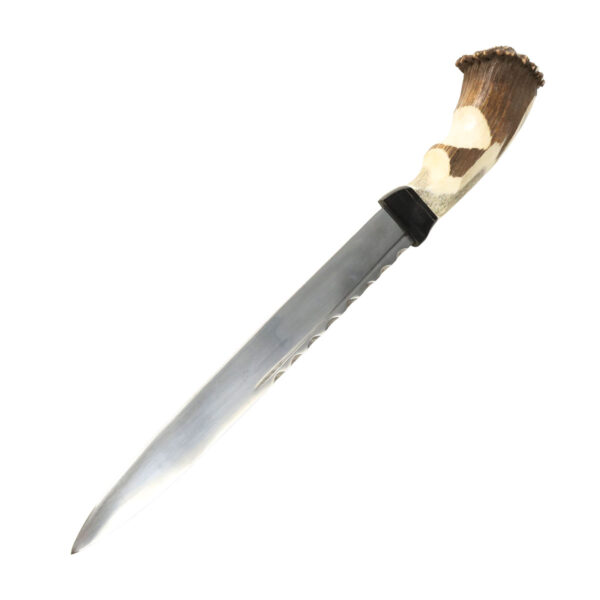 A Genuine Full Crown Stag Handle Carbon Steel Dirk with a wooden handle on a white background.