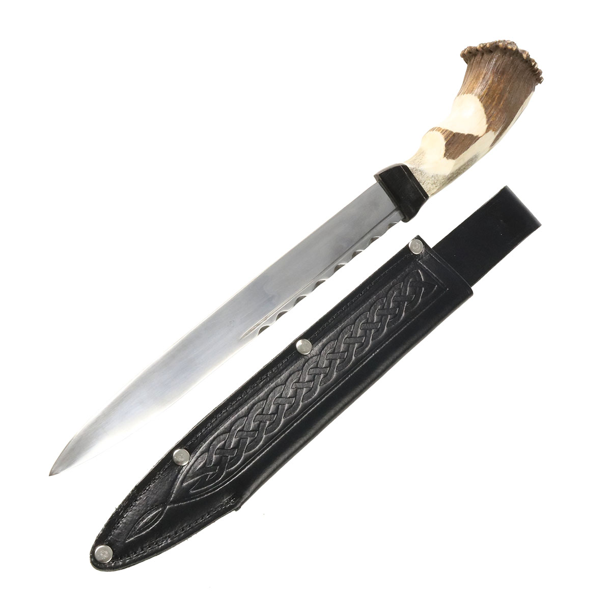 A Genuine Full Crown Stag Handle Carbon Steel Dirk on a white background.