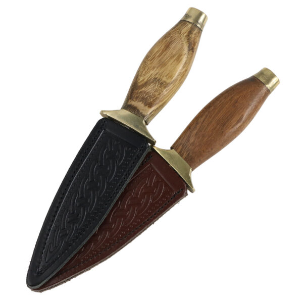 Two Rustic Wood Handled Sgian Dubh - Black Sheath knives on a white background.