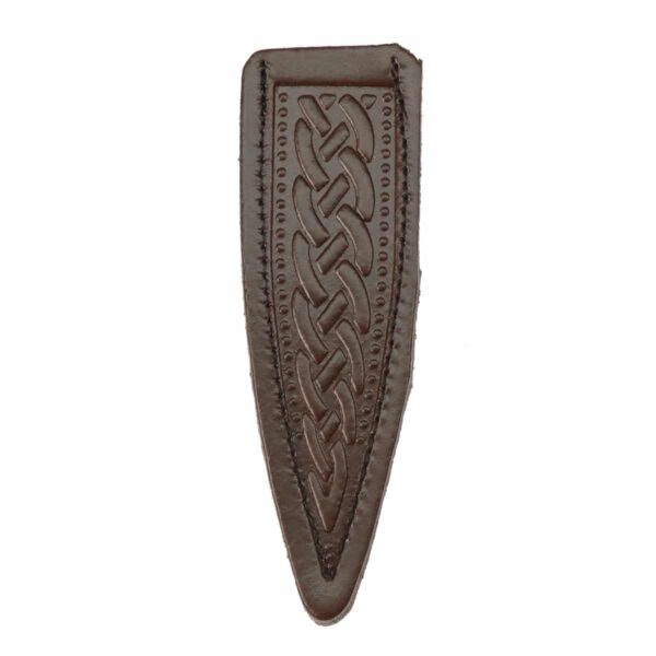 A brown leather piece with a celtic design, featuring the Clan Crest Stag Handle Sgian Dubh.