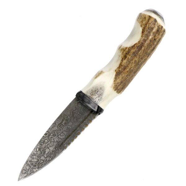 A Stag Antler Damascus Steel Sgian Dubh with a white background.