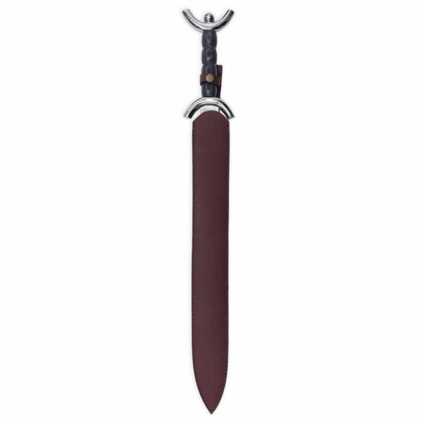 A 31 Inch Celtic Sword with a burgundy leather sheath on a white background.