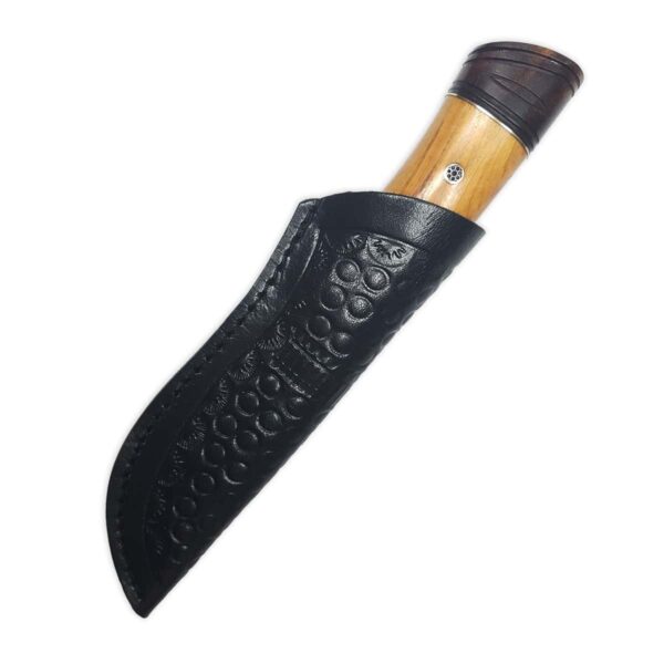 A Damascus Sgian Achlais with Rosewood and Olivewood Grip.