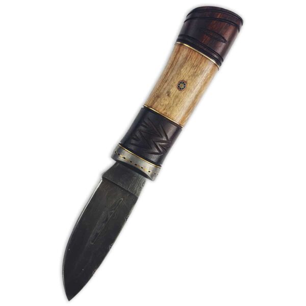 A Damascus Sgian Achlais with Rosewood and Olivewood Grip knife on a white background.