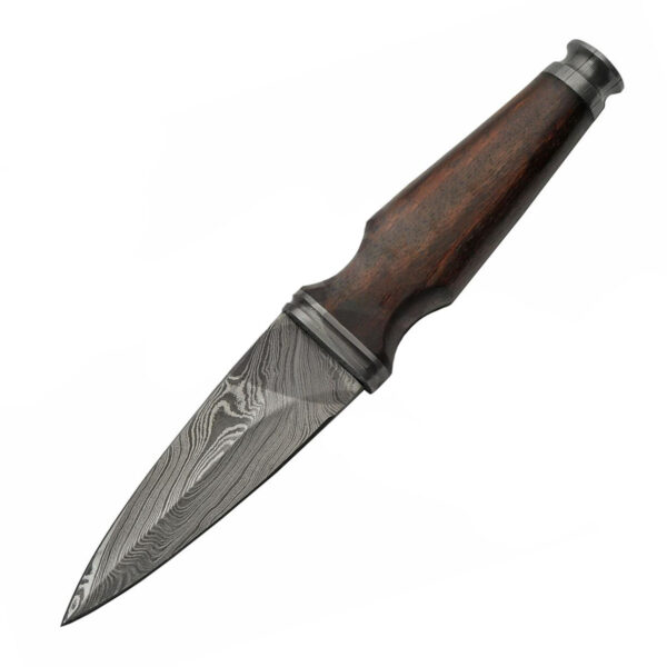 A Damascus Steel Sgian Achlais Ebony Wood Handle with an ebony wood handle on a white background.