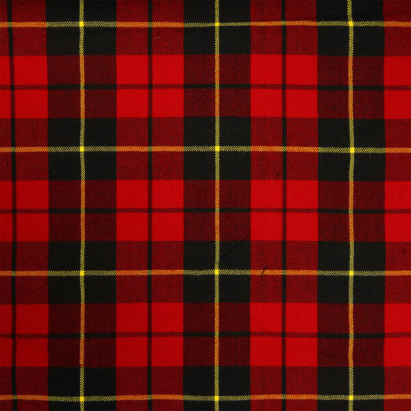 A red and black tartan fabric with a checkered pattern.