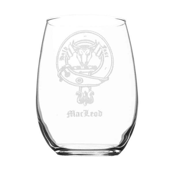 A MacLeod Clan Crest Stemless Wine Glass with a clan crest on it.