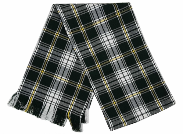A St. Patrick Homespun Tartan Scarf with fringes featuring a classic black and yellow color scheme, perfect for St. Patrick's Day.