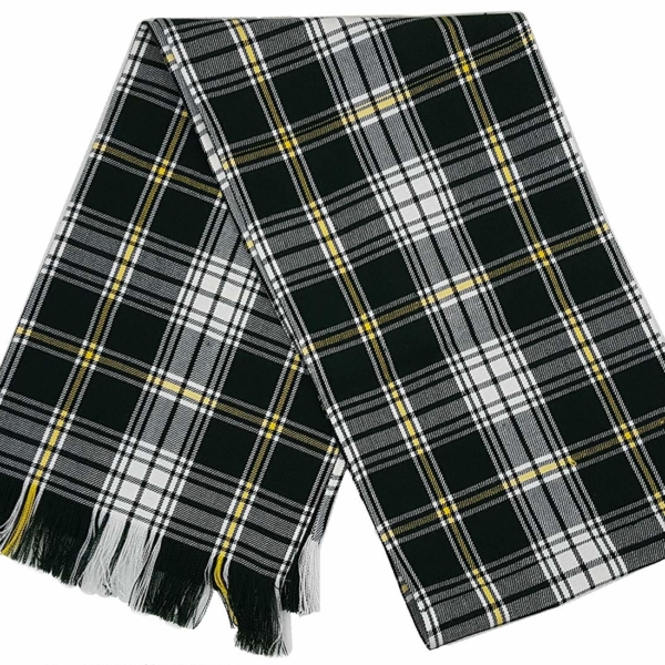 A St. Patrick Homespun Tartan Scarf with fringes featuring a classic black and yellow color scheme, perfect for St. Patrick's Day.