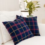 Two plaid pillows on a couch in a living room.
